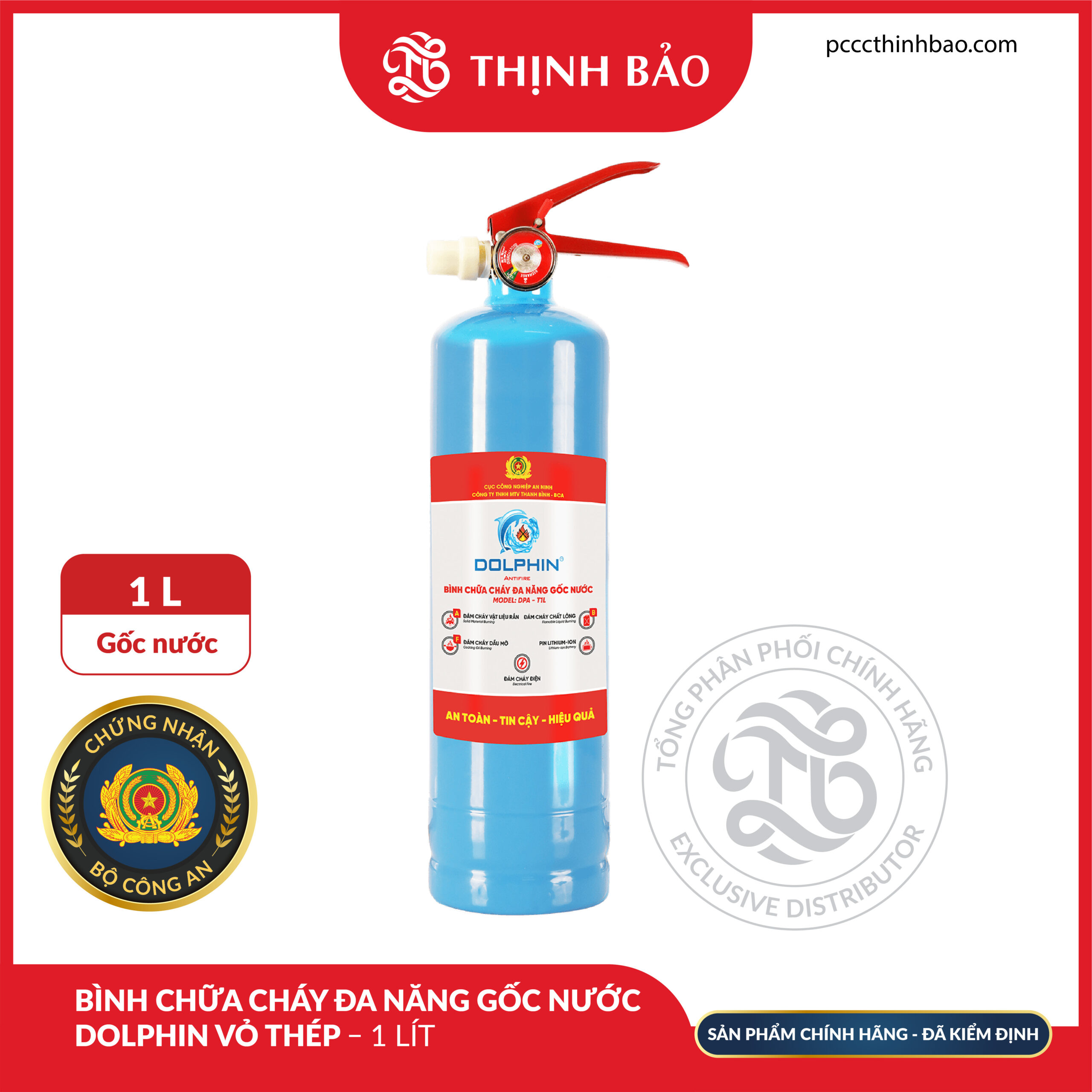 PCCC Thinh Bao - Bình chữa cháy đa năng gốc nước Dolphin vỏ thép – 1 lít PCCC Thinh Bao - Bình chữa cháy đa năng gốc nước Dolphin vỏ thép – 1 lít
